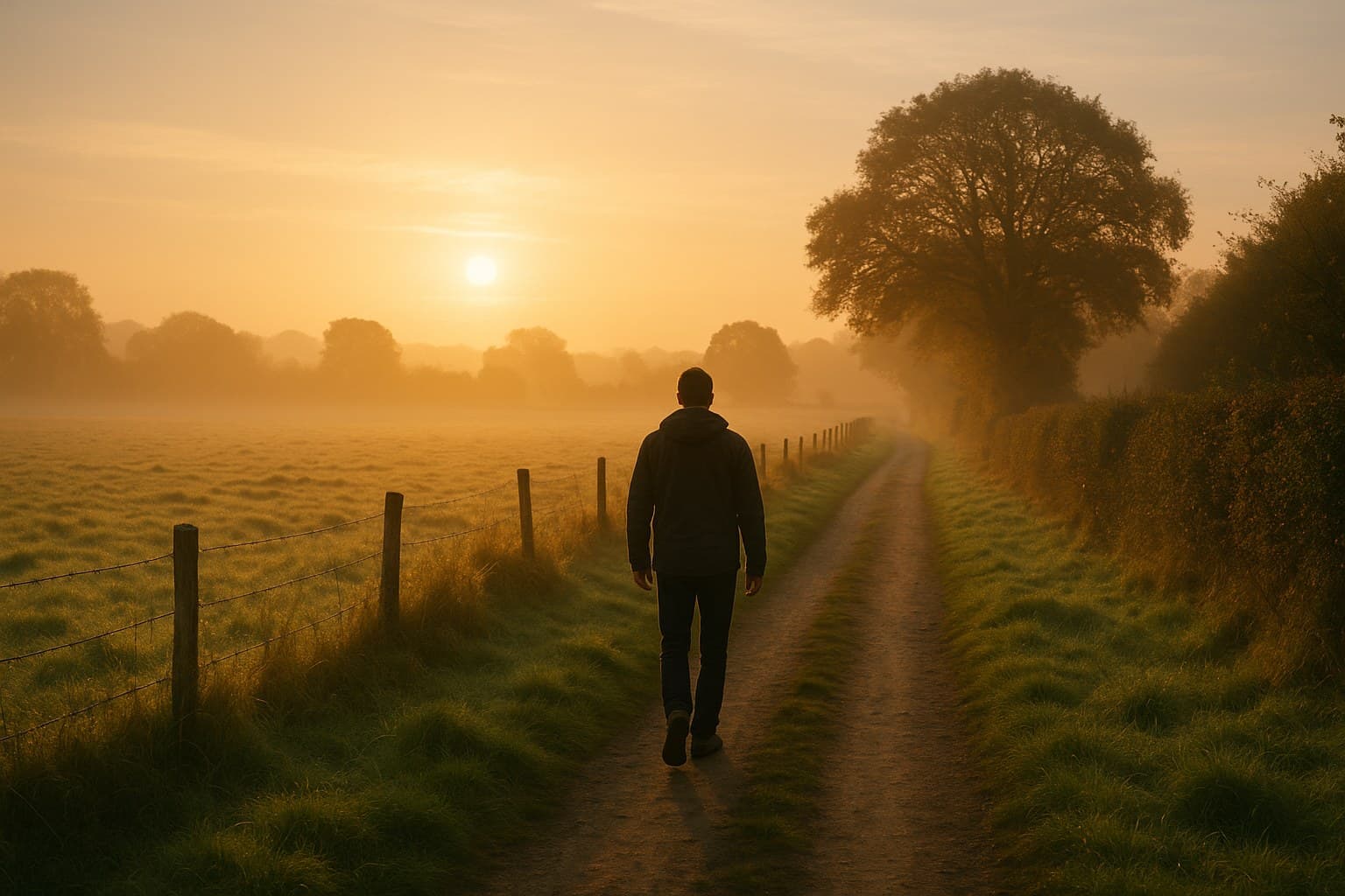 Person walking along a quiet countryside path at sunrise, symbolising recovery