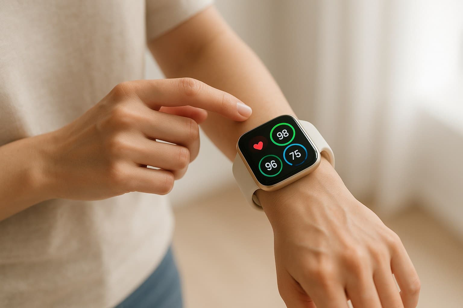 Person checking health metrics on a smartwatch, showing how technology is changing personal care