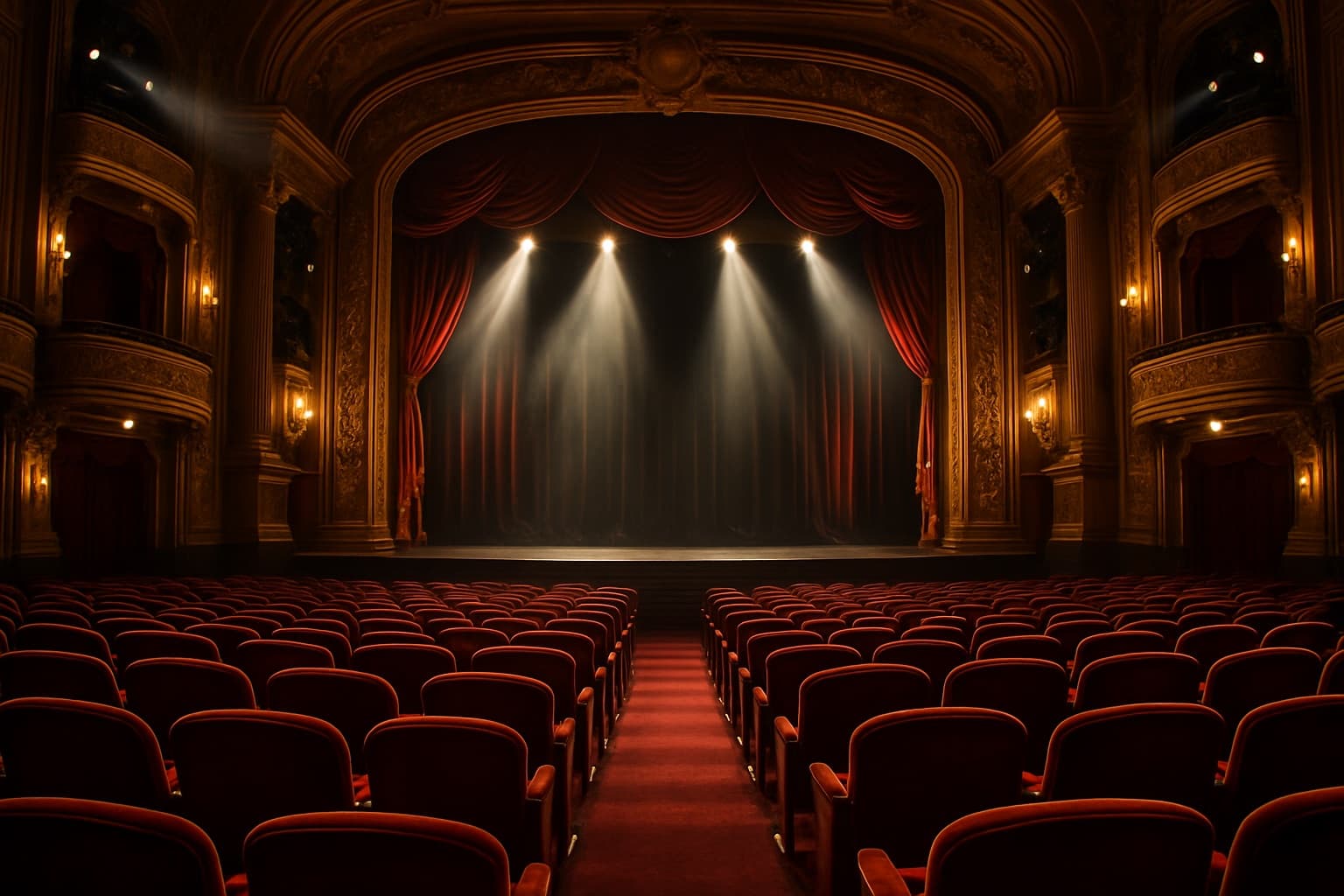 Ornate Broadway theatre interior with red velvet seats and a spotlit stage