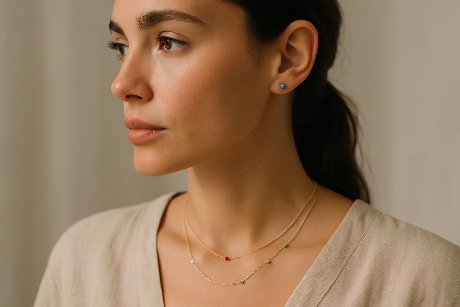 Woman wearing tiny gemstone stud earrings and thin layered necklaces with small colored stones