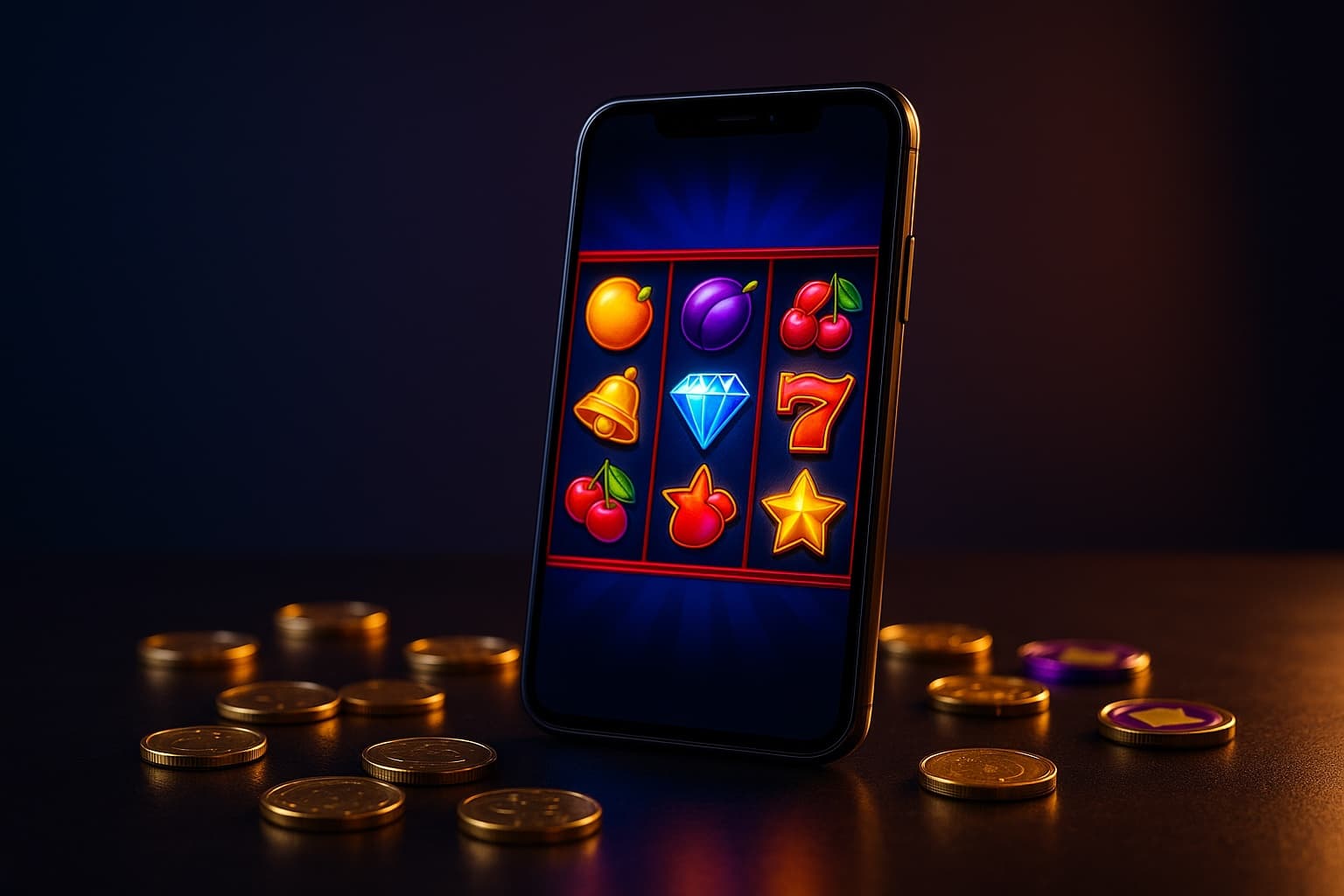 Smartphone displaying an online slot game surrounded by gold coins
