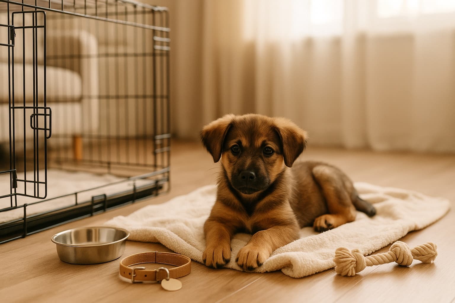 Young puppy lying on a blanket beside an open crate, food bowl, collar and chew toy in a bright living room