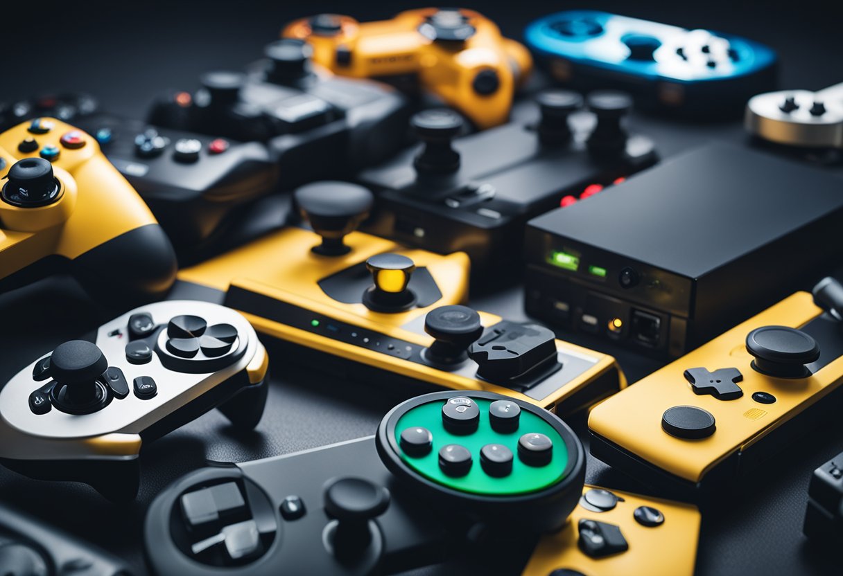 A group of diverse gaming consoles connected and interacting seamlessly, representing cross-platform mechanics in action