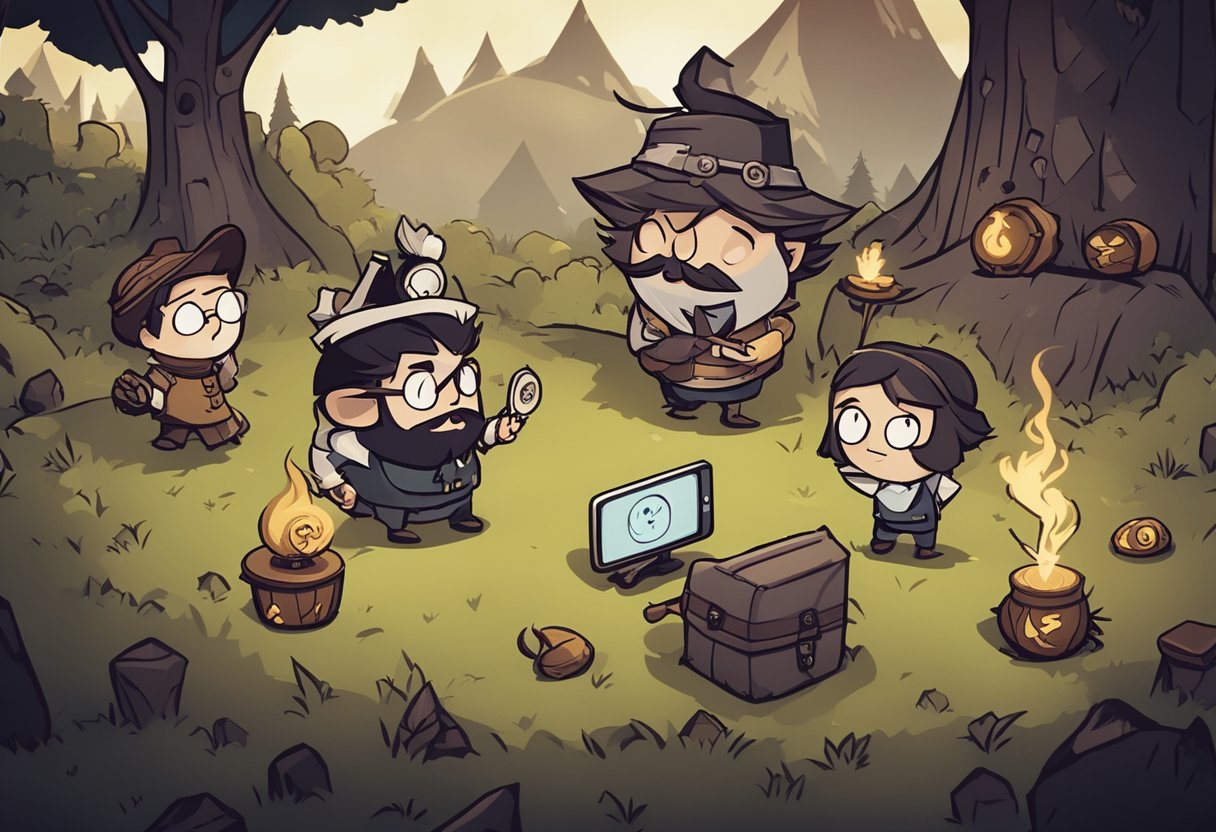 A group of diverse characters play Don't Starve Together on different devices, showcasing cross-platform compatibility