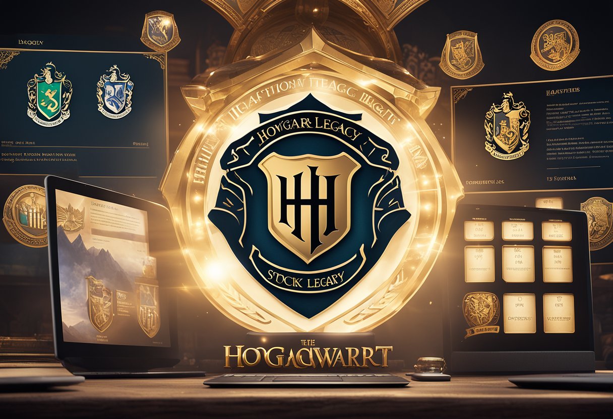 The Hogwarts Legacy logo appears on multiple screens with "Cross Platform" text underneath, surrounded by magical elements and updates