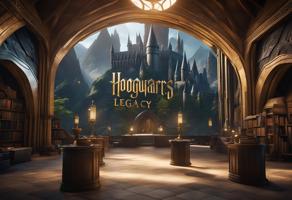 The Hogwarts Legacy logo is displayed across multiple platforms, including consoles and PC, with a futuristic and magical backdrop