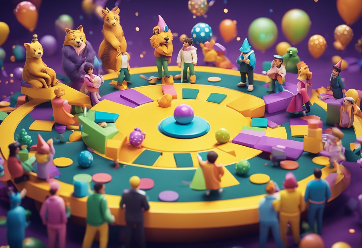 A lively group of party animals gather around a colorful, multi-platform game