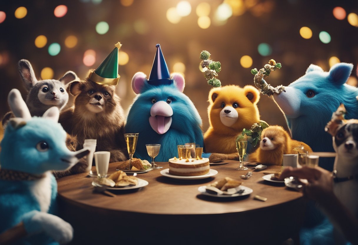 Party animals from different platforms meet cautiously, expressing concerns and limitations. They gather in a diverse environment, symbolizing unity and collaboration