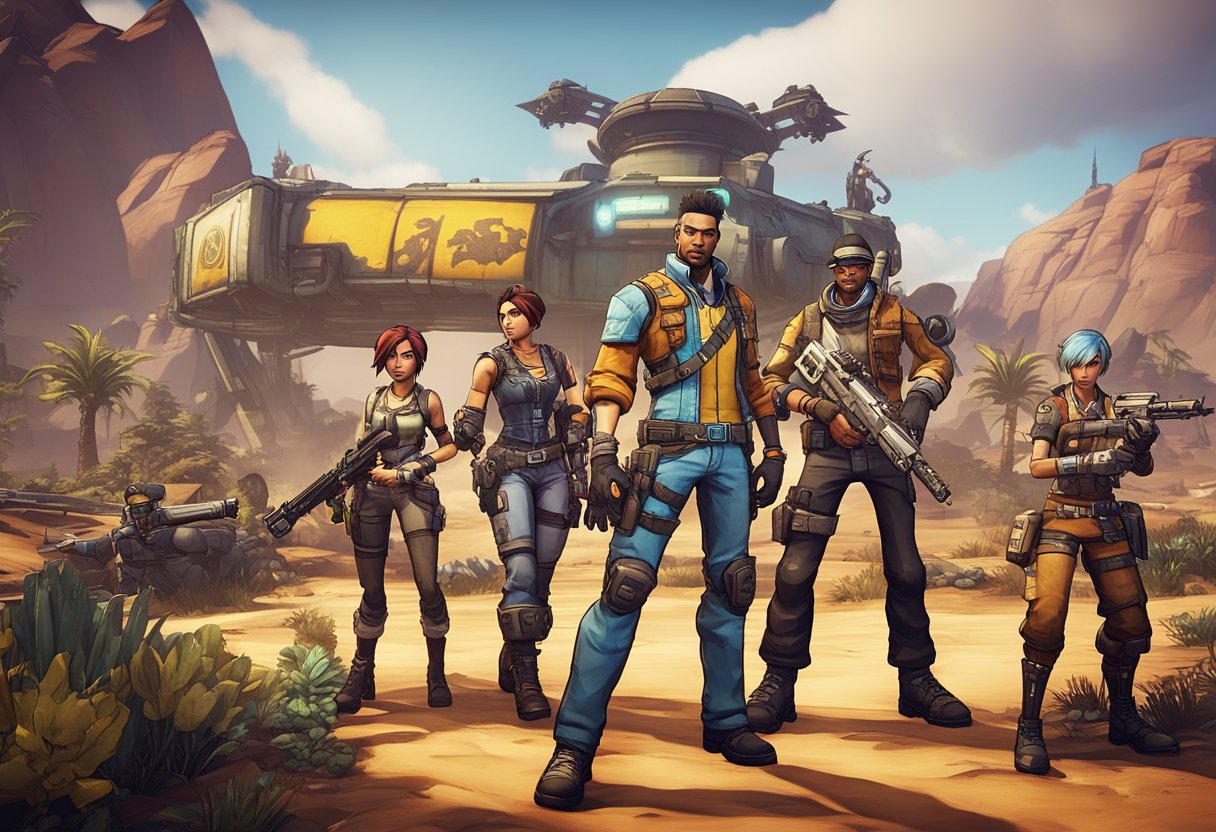 A diverse group of characters engage in fast-paced combat and exploration across varied landscapes in Borderlands 2, showcasing cooperative gameplay and unique features