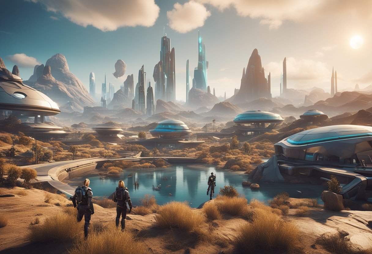 A futuristic landscape with diverse characters interacting across different platforms in the Borderlands universe