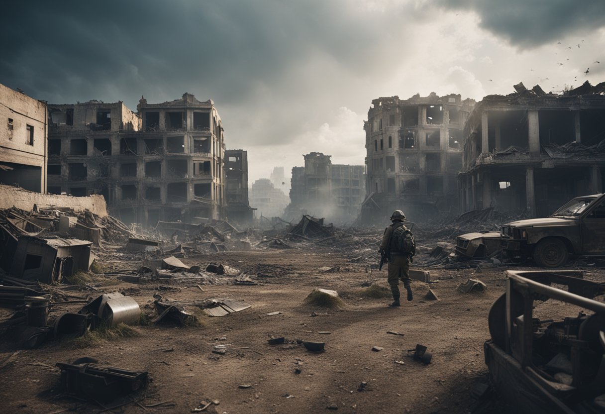 The scene shows a chaotic battlefield with diverse weapons and enemies, set in a post-apocalyptic environment with destroyed buildings and intense action