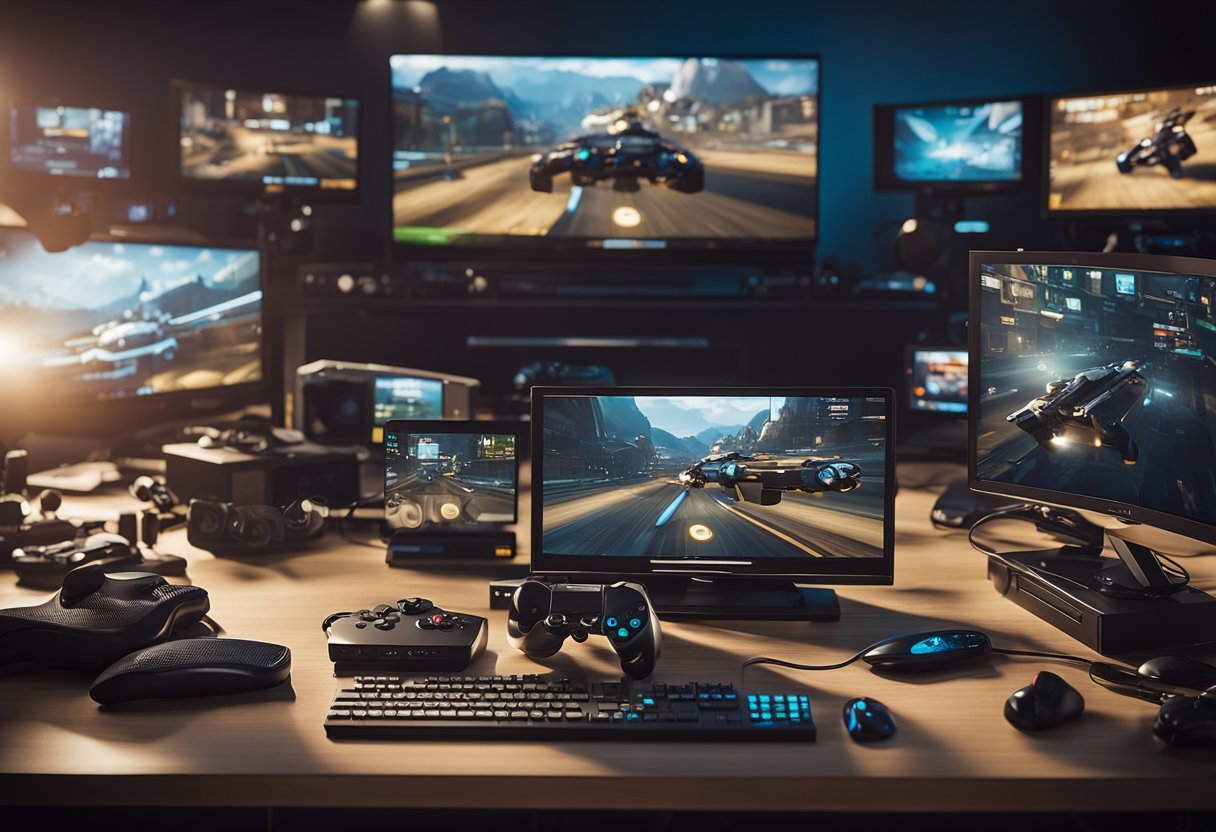 The scene depicts various gaming devices connected across platforms, with multiplayer gameplay features and elements displayed on screens