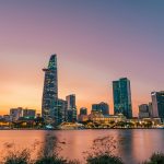 city skyline during night time