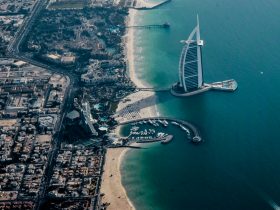 aerial photography of Burj Al-Arab near seashore